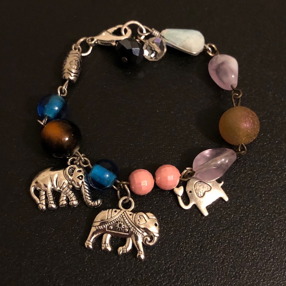 Beaded Elephant Charm Bracelet - Pink,  Purple, Blue, Brown, & Silver Tone